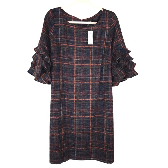 Roz & Ali Plaid Ruffle Sleeve Dress - Navy and Red - Picture 11 of 11